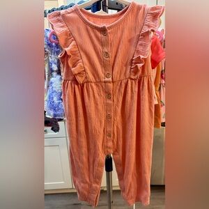 12m Peach Button-Down Ruffled girls jumpsuit